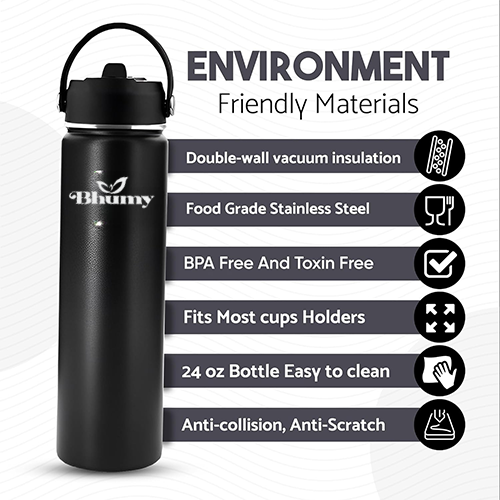 Bhumy Stainless Steel Water Bottles – 24oz Double Wall Stainless Steel Insulated Water Bottle – Water Bottle with Straw and 2 Lids – Leakproof Sports Water Bottle Water for Gym, Office, Travel (BLACK)