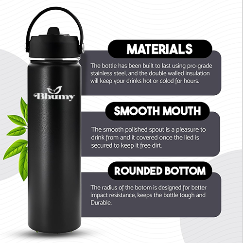 Bhumy Stainless Steel Water Bottles – 24oz Double Wall Stainless Steel Insulated Water Bottle – Water Bottle with Straw and 2 Lids – Leakproof Sports Water Bottle Water for Gym, Office, Travel (BLACK)