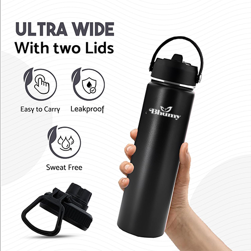 Bhumy Stainless Steel Water Bottles – 24oz Double Wall Stainless Steel Insulated Water Bottle – Water Bottle with Straw and 2 Lids – Leakproof Sports Water Bottle Water for Gym, Office, Travel (BLACK)